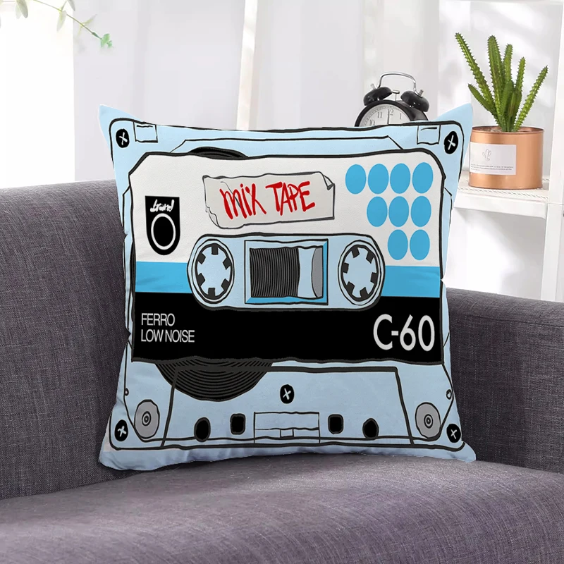 

Blue Pillow Cases Cassette Tape Cushions Covers For Sofa Double-sided Print Short Plush Pillowcase Throw Pillow Cover Cute