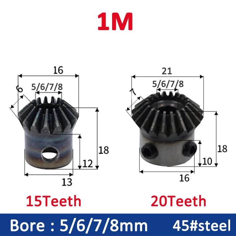 1pc Bevel Gear 1M Module 15/20 Teeth Inner Hole 5/6/7/8mm Gear 90 Degrees Meshing Angle Steel Gears Screw Hole M5 No Keyway