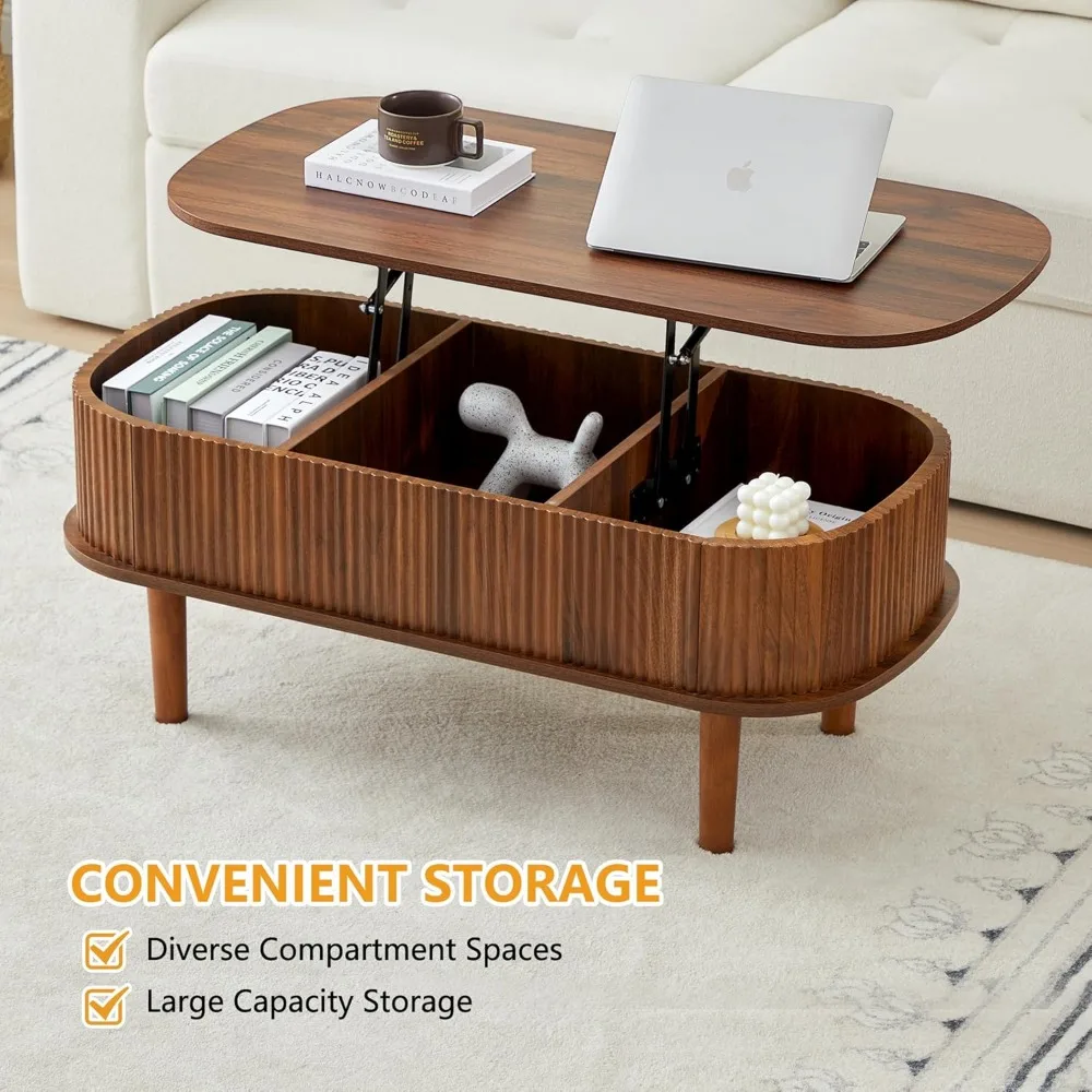 Fluted Lift Top Coffee Table with Hidden Compartment, Fully Assembled Wooden Center Table, Modern Oval Lift Tabletop 5