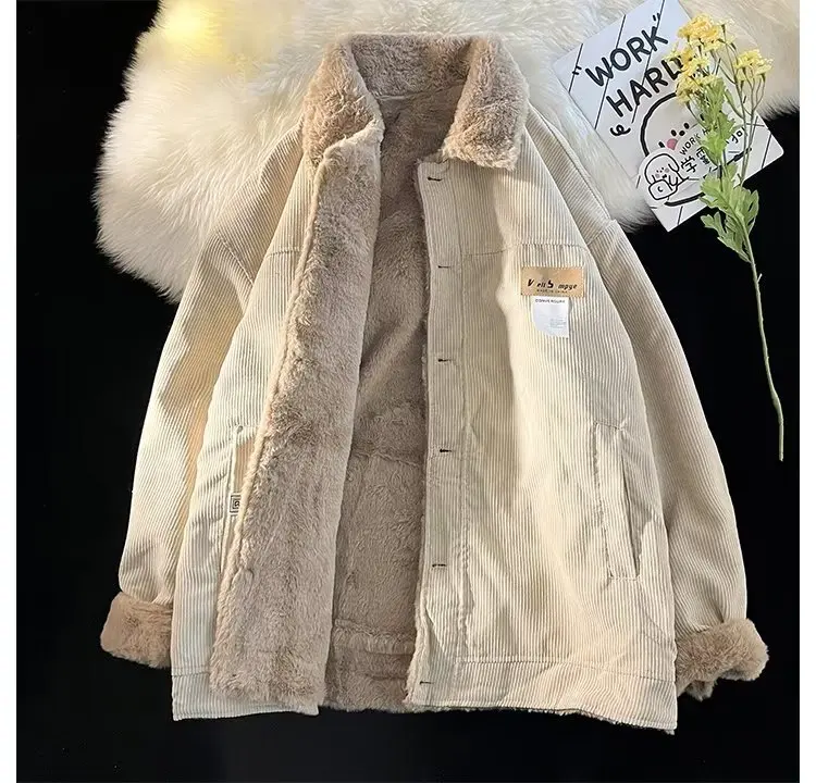 Getadme  Women cotton jacket khaki color lamb wool cotton jacket plush thickened round neck single breasted minimalist jacket