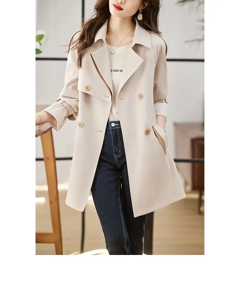 Solid Mid length Trench for Women Fall Winter 2023 New Vintage Turn Down Collar Long Sleeve Jacket Loose Double Breasted Coat