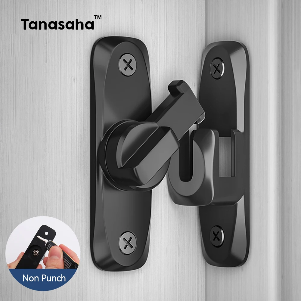 Punch-ฟรี Hasp Latch ประตูล็อค Anti-theft Buckle Latch สังกะสีอัลลอยด์สีดําตู้ล็อคความปลอดภัยล็อคเลื่อนประตูล็อคฮาร์ดแวร์ 1