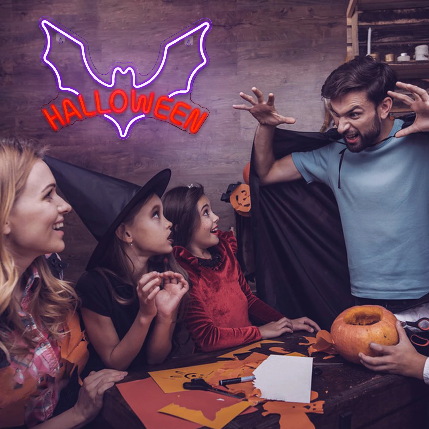 ネオンサイン付きのハロウィーンLEDライト,バット,紫,USB電源,壁