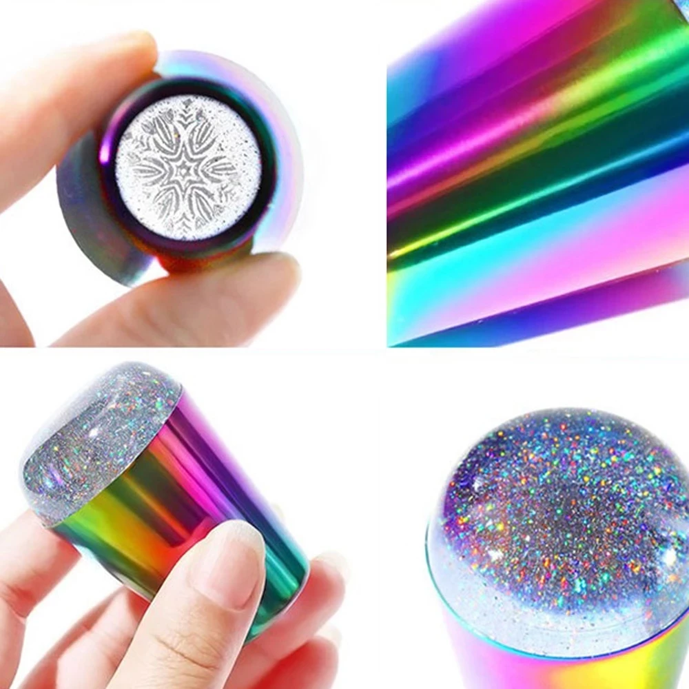 Nail Stamper With Scraper Rainbow Alloy Handle Jelly Silicone Nail Stampers For French Nails Polish Print Transfer Stamping Tool