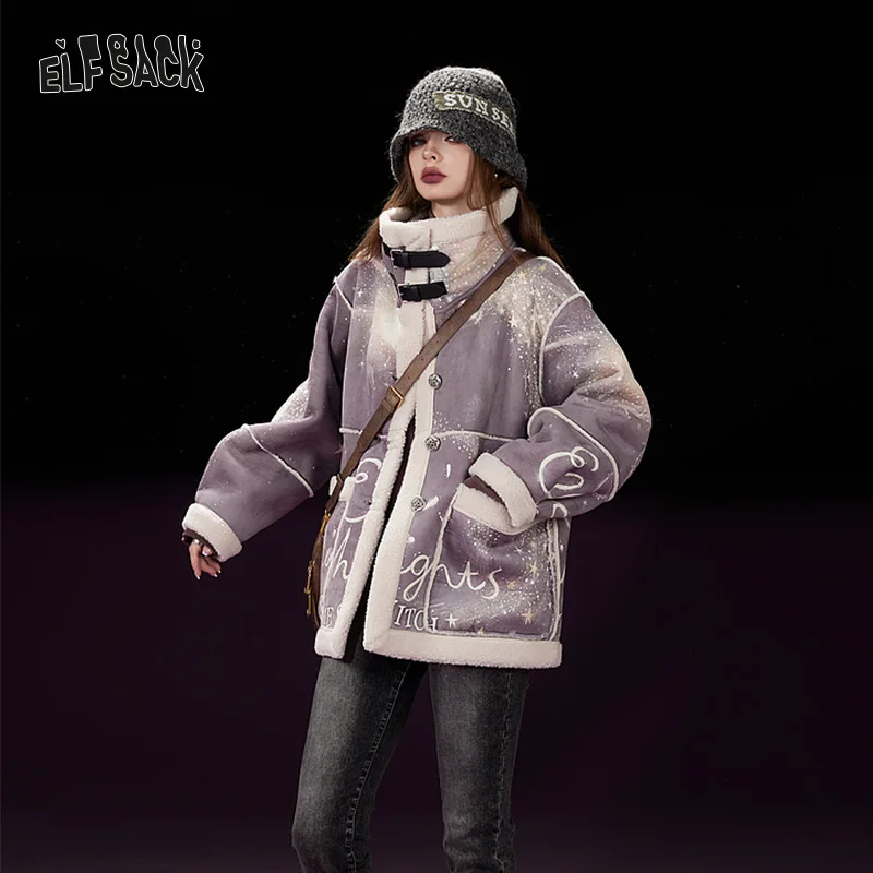 ELFSACK Imitate Chammy Cotton Coats Women 2023 Winter Printing Lapel Casual Warm Jackets