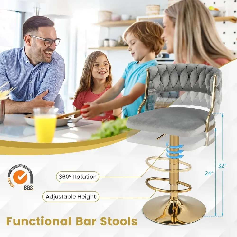 Velvet Adjustable Bar Stools, Max Load 400 Lbs, Modern Upholstered Swivel Barstools with Woven Back