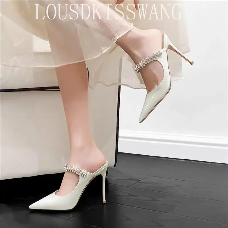 Spring and summer high-heeled Muller shoes pointed rhinestone chain fashion banquet Baotou stiletto ladies sandals women sandals,women high heels