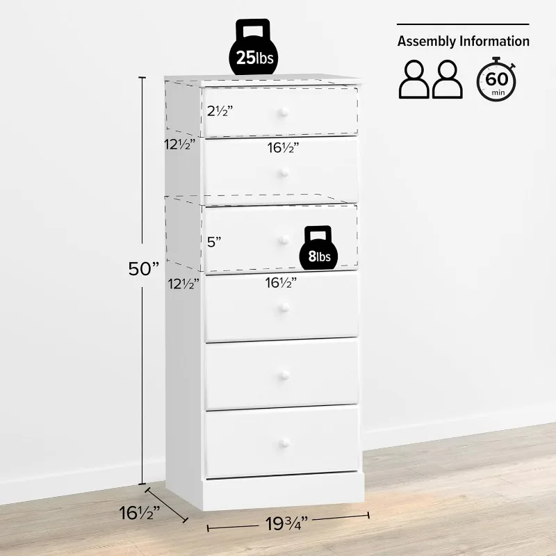 Tall White Dresser: 16.5"D x 19.75"W x 50"H, 6-Drawer Chest for Bedroom Perfect Chest of Drawers for Ample Storage