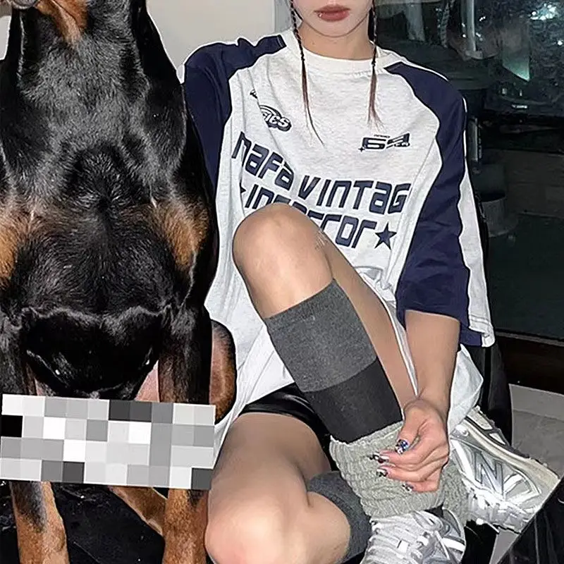 

American Retro Contrast Color Patchwork Letter Print Oversized T Shirt O-neck Short Sleeve Hiphop Streetwear Loose Summer Top