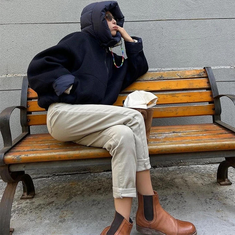 Zipper Panelled Women's Jackets With Hoodies Casual Drawstring Long Sleeved Jacket Female Autumn Winter Short Loose Outwear Tops 4