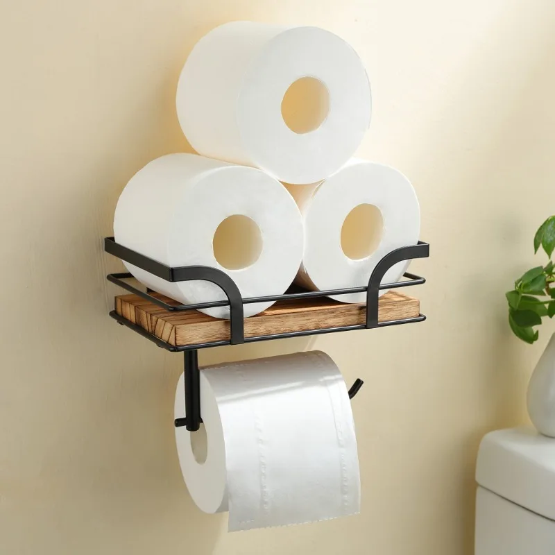 1pcs Wall-Mounted Toilet Paper Holder Solid Wood & Iron Bathroom Hotel Storage Shelf Space-Saving Roll paper Organizer 3