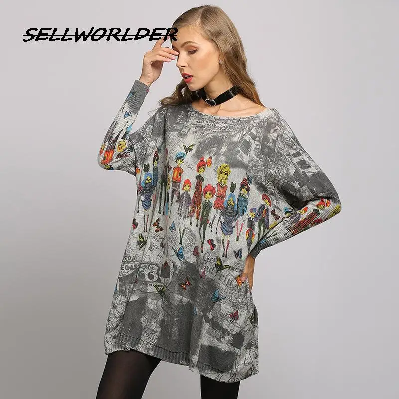 

2022, SELLWORLDER, повседневный тонкий свободный свитер большого размера с воротником-лодочкой и принтом бабочки и рукавом летучая мышь