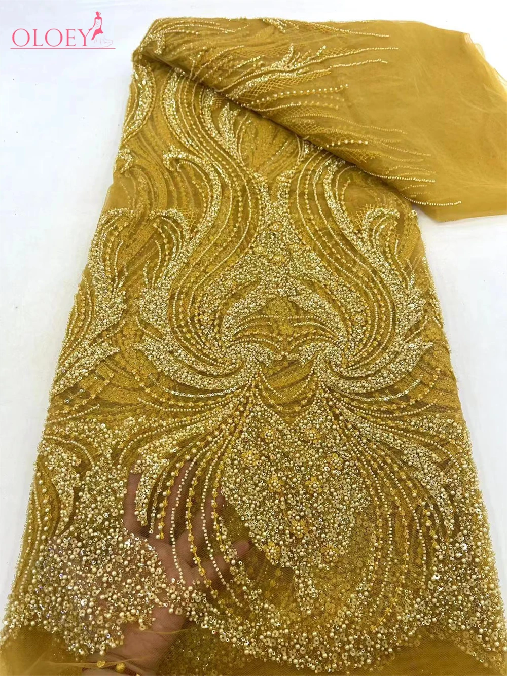 

2024 Fashion Elegant French Embroidery Beaded Lace Fabric African Nigerian With Sequins Fabric For Wedding Dress