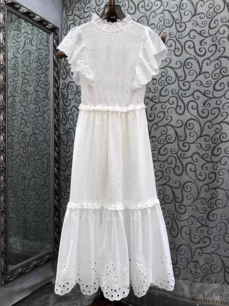 

100%Cotton Dress 2024 Summer Fashion White Black Dress High Quality Designer Women Luxurious Embroidery Vintage Midi Dress Tunic