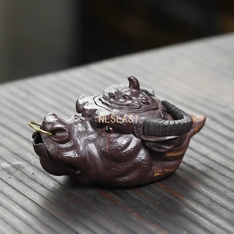 140ml Authentic Yixing Purple Clay Teapots Artists Handmade Ox-head Pot Raw Ore Mud Hand Grab Kettle Zisha Tea Set Collection