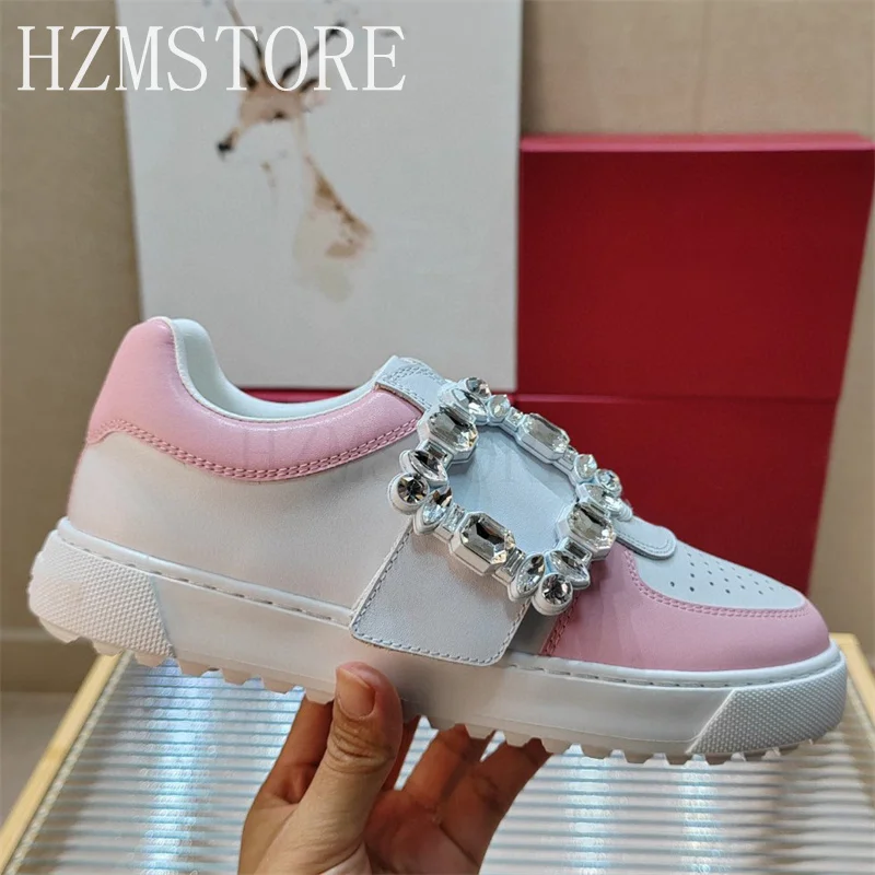 

Women Genuine Leather Sneakers Flat Platform Board Shoes Casual Loafers Crystal Square Buckle Strap Designer Sport Golf Shoes