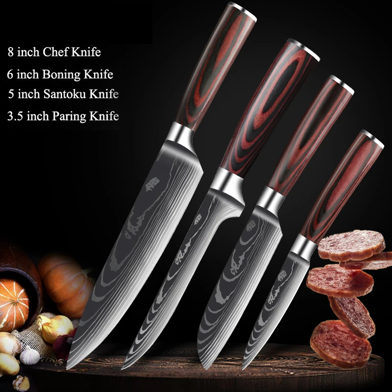 Chef Knife Set 7CR17MOV Stainless Steel Laser Damascus Pattern Japanese Kitchen Cleaver Utility Slicing Santoku Knife with Cover 