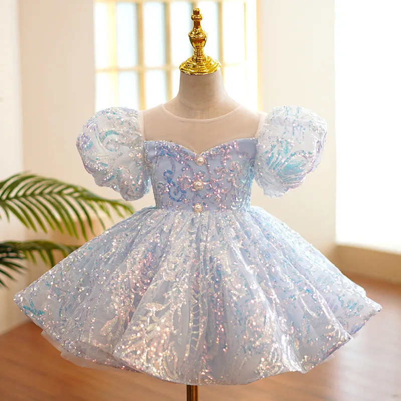 

Baby Girl Prom Dress Chic Elegant Tulle Button Sequin Princess Dress for Kid Christmas Party Performance Costume Ball Gown 1-12Y