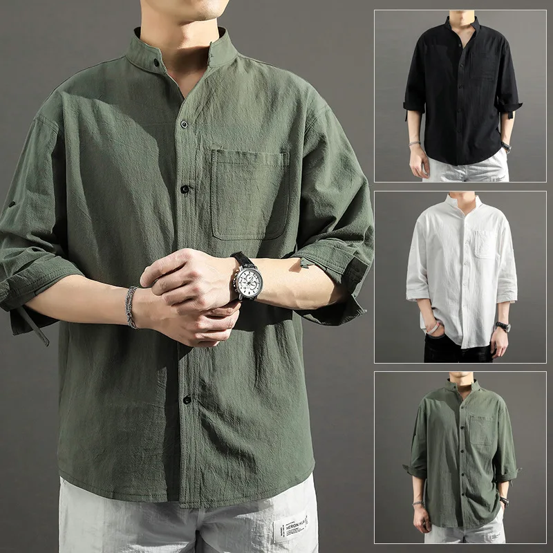 

Summer Cotton Linen Shirt Mens three-quarter sleeve Stand Collar Tops Casual Shirts New