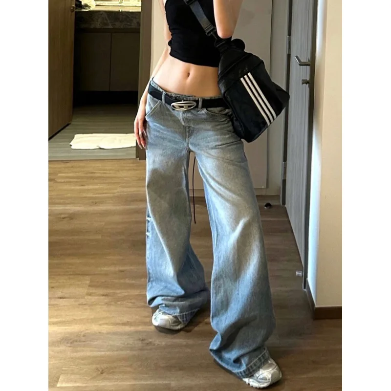 Fashion Blue Casual Wide Leg Jeans Oversized High Waisted Vintage Wash Loose Straight Trousers Korean Street Trend Y2K Pants the new casual pants wide leg pants and trousers jeans show a thin temperament high waisted denim jeans style waist type wash