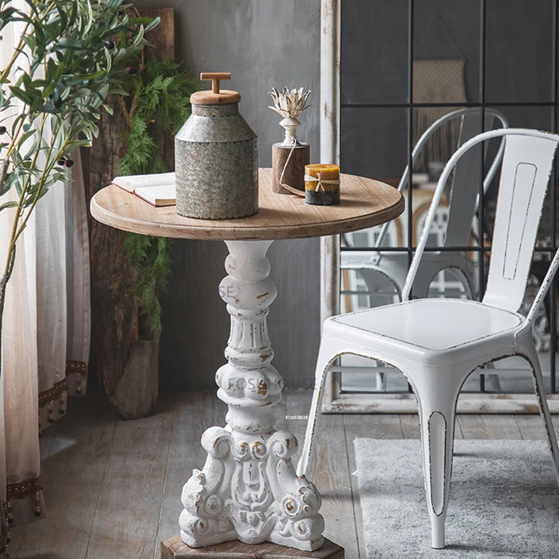 Nordic Solid Wood Coffee Table for Caf&eacute; Furniture Small Round Table Vintage Upscale Roman Carving Design Coffee Shop Side