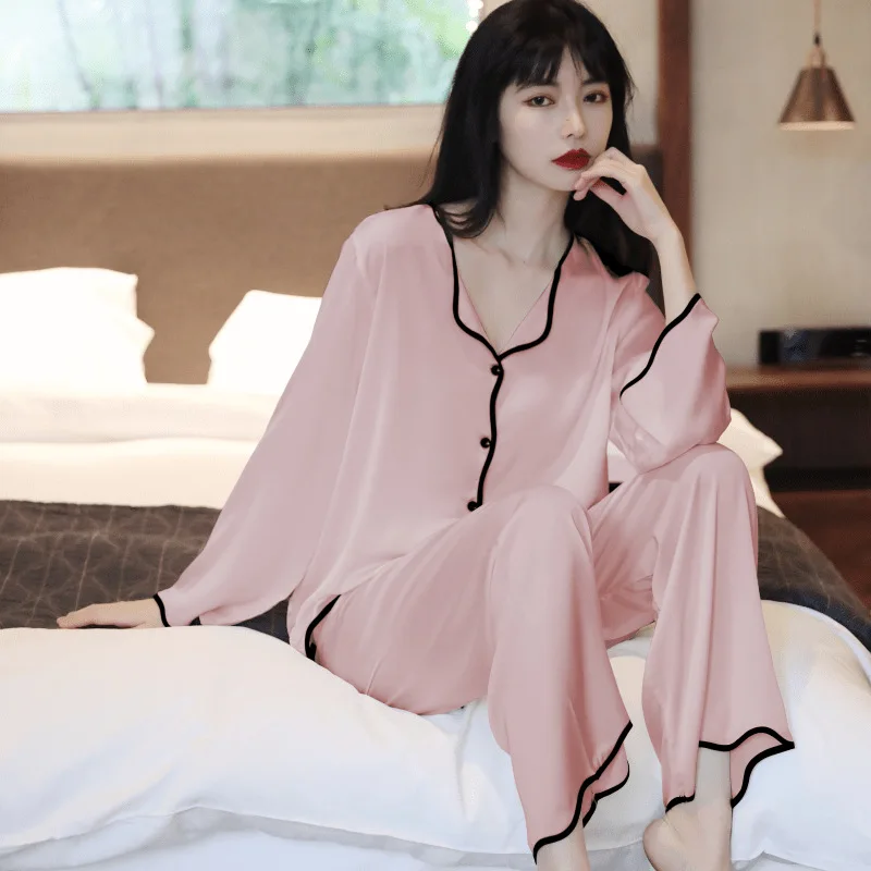 Fashion Women's Loungewear Two Piece Set Silk Pajamas Solid Single-breasted Laple Long Sleeve Top Loose Trousers Women Sleepwear 2pcs men s silk satin pajamas set sleepwear long sleeve tops long losse pants imitation silk couple pajamas two piece solid