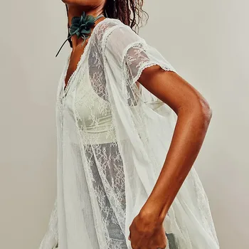 Women‘s Llace See-through Blouses Summer Oversized Short Sleeve V-neck Tops Y2K Fairy Grunge Shirts Blouses Streetwear