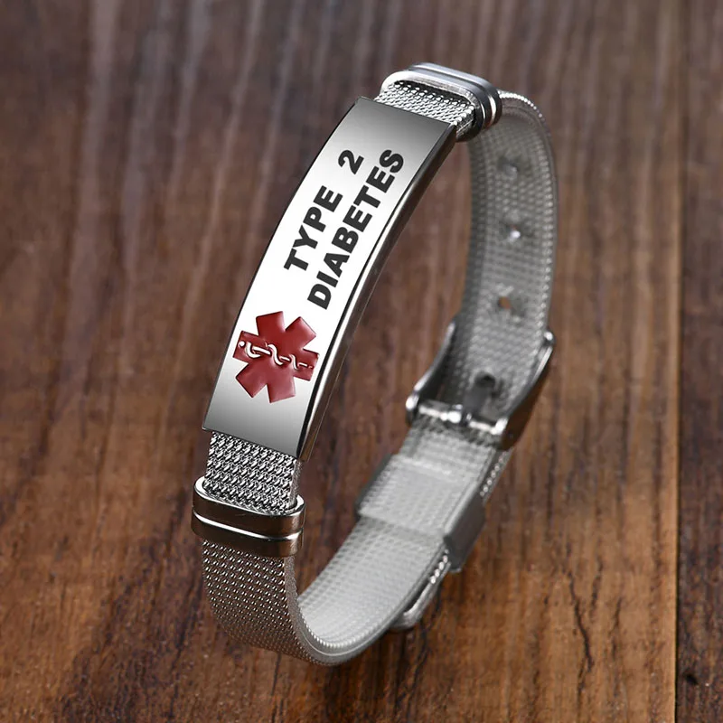 Personalized Medical Alert ID Bracelet Laser Engraved Allergy Stainless Steel Mesh Belt Wristband Emergency Bangle for Men Women