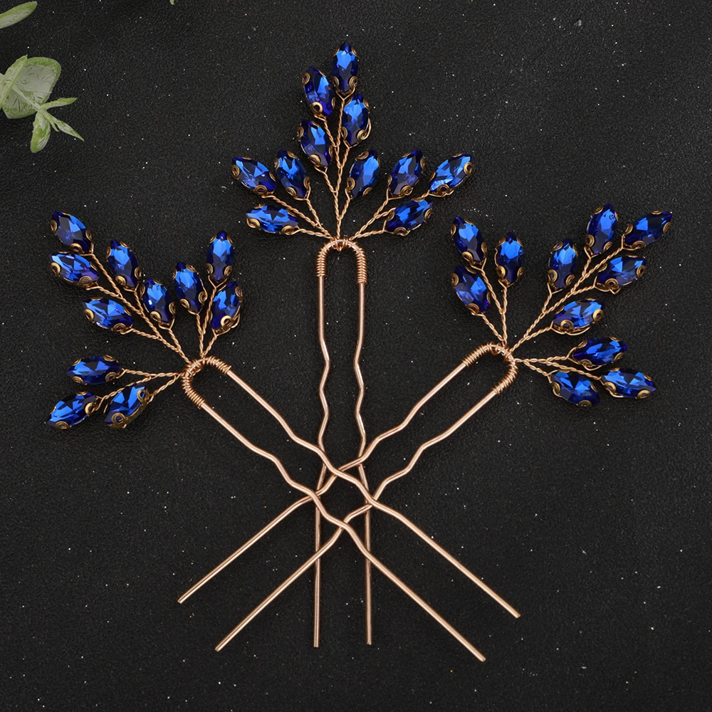 Vintage Gold Rhinestone Hair Pins for Wedding Hair Accessories Red Bridal Headpiece Handmade Blue Headdress Jewelry Silver Tiara
