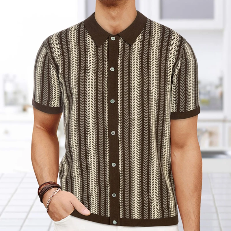 Vintage Striped Crochet Knitted Shirts Mens Spring Summer Casual Short Sleeve Buttoned Lapel Knit Tops For Men Trendy Cardigans 5