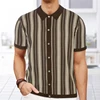 Vintage Striped Crochet Knitted Shirts Mens Spring Summer Casual Short Sleeve Buttoned Lapel Knit Tops For Men Trendy Cardigans 5