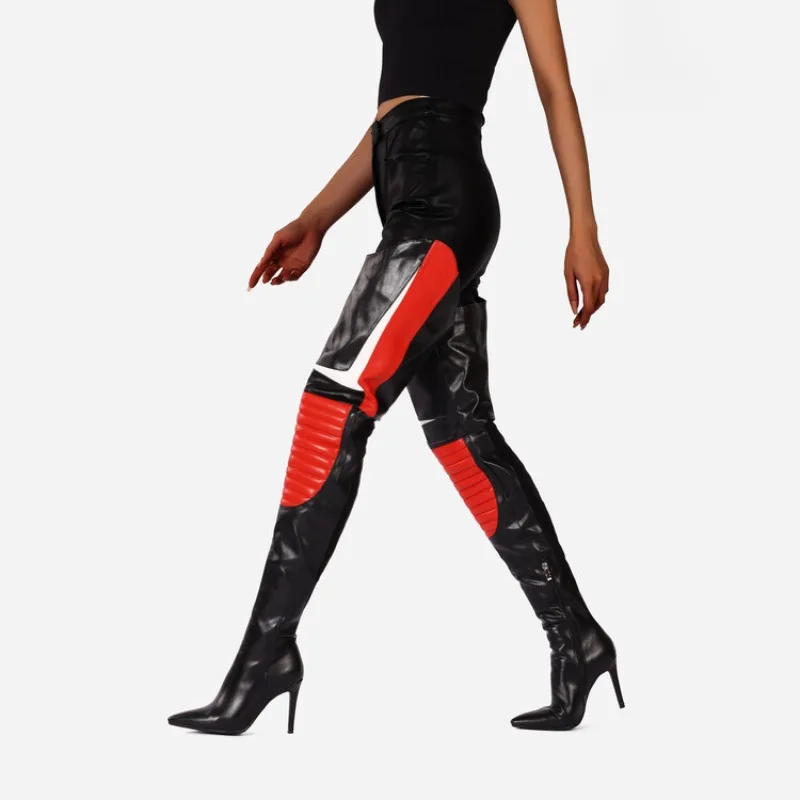 

Sexy Mixed Color Red Black Over Knee Length Boots Luxury and Fashionable Design of Pointed High Heel Zippers Women Shoes Size41