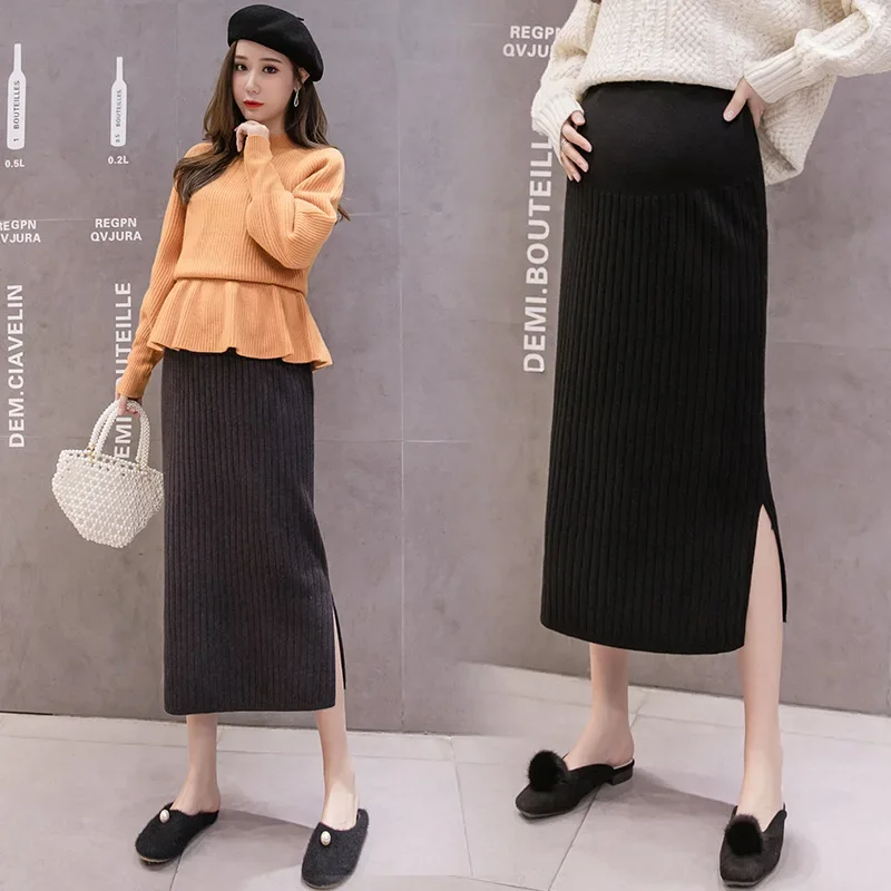 Maternity High Waist Slimming Knitted Mini Skirt Pregnancy Outerwear Mid-Length Bodycon One-Step Skirt for Expectant Mothers