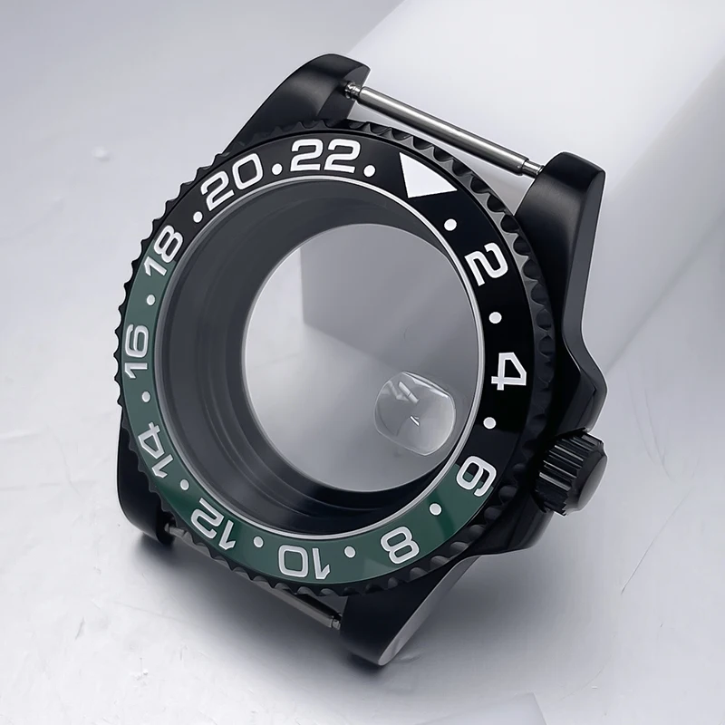 All-Black Sub Style Watch Case with Rubber Strap and Sapphire Crystal