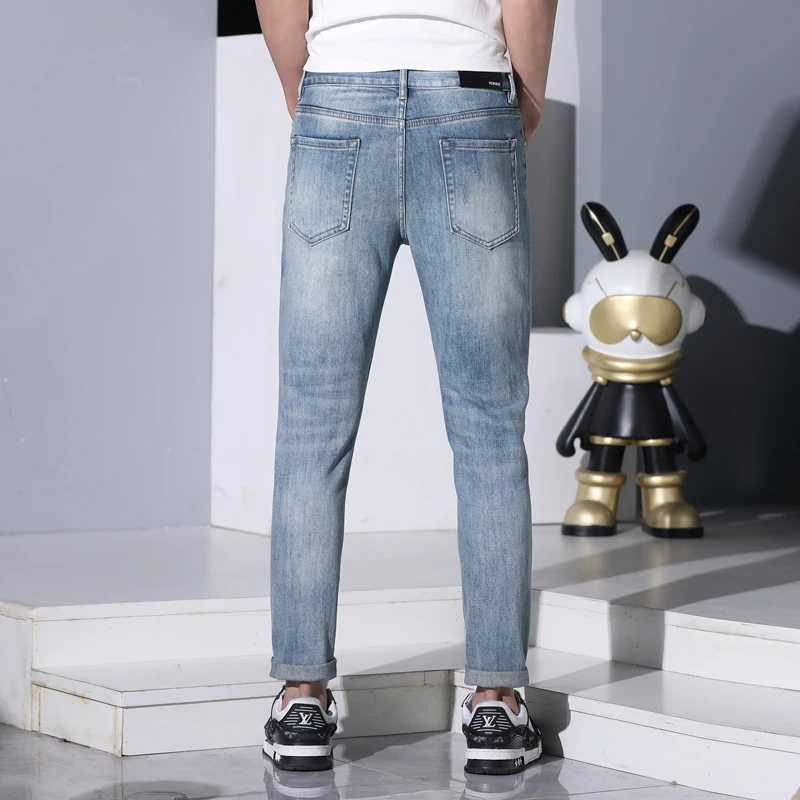 Ripped Jeans Men\'s Summer Thin Elastic Soft Comfortable Breathable Street Fashion Slim Fit Skinny Blue Casual Pants