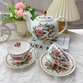 Bone China Coffee Cup & Saucer Set, Elegant Retro Floral & Bird Design 1