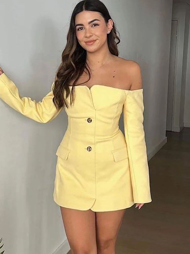 JULISSA MO Sexy Off Shoulder Button Women Dress Yellow Long Sleeve Blazer Dress Female Summer Skinny Elegant Party Clubwear 2025