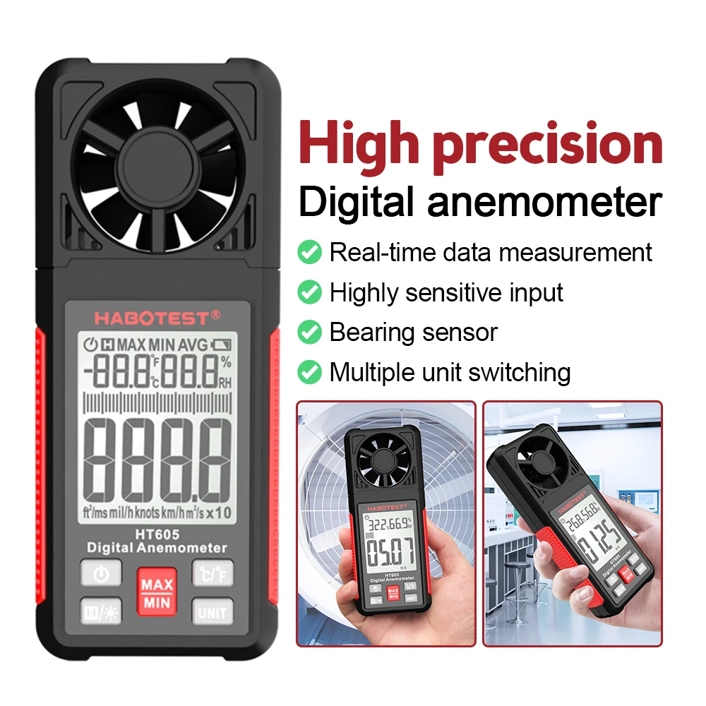 

HT605 Digital Anemometer Portable Wind Speed Meter Air Velocity Gauge Windmeter LCD Backlight Display Temperature Humidity Meter