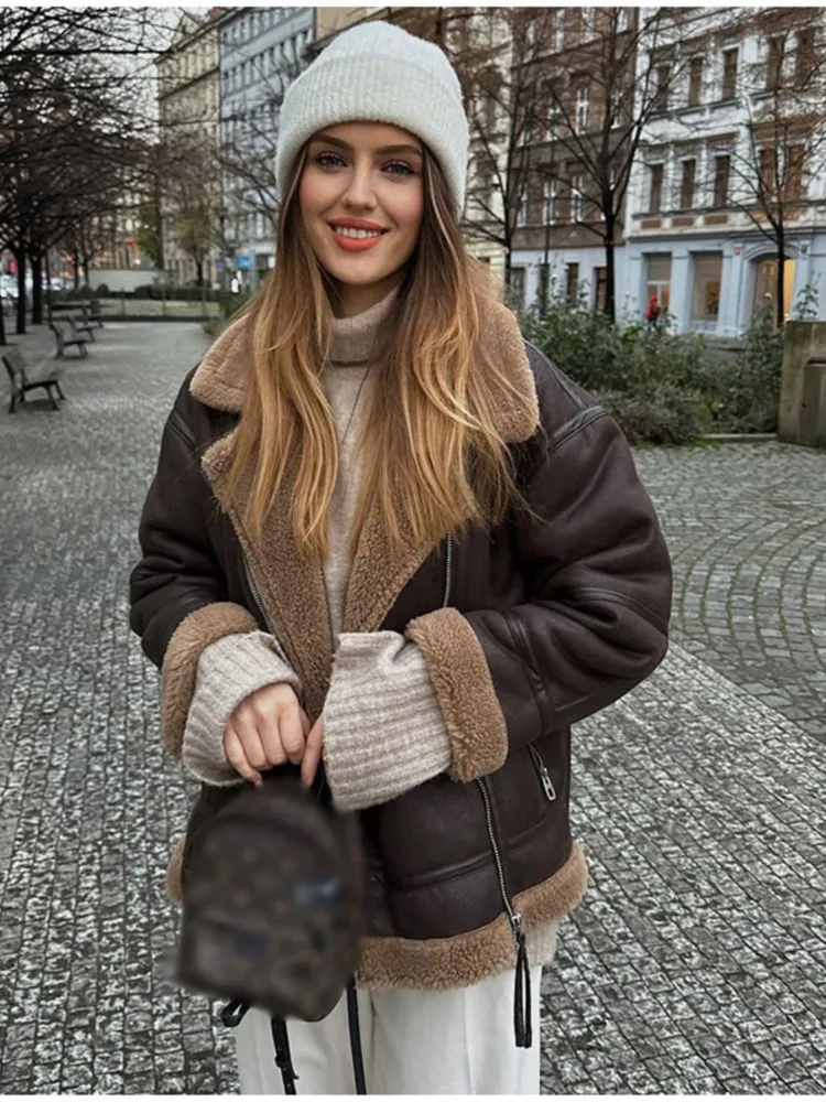 

2023 Winter Women Warm Thick Fur Pu-leather Jacket Vintage Lapel Long Sleeved Zipper Overcoat Fashion High Street Female Coats