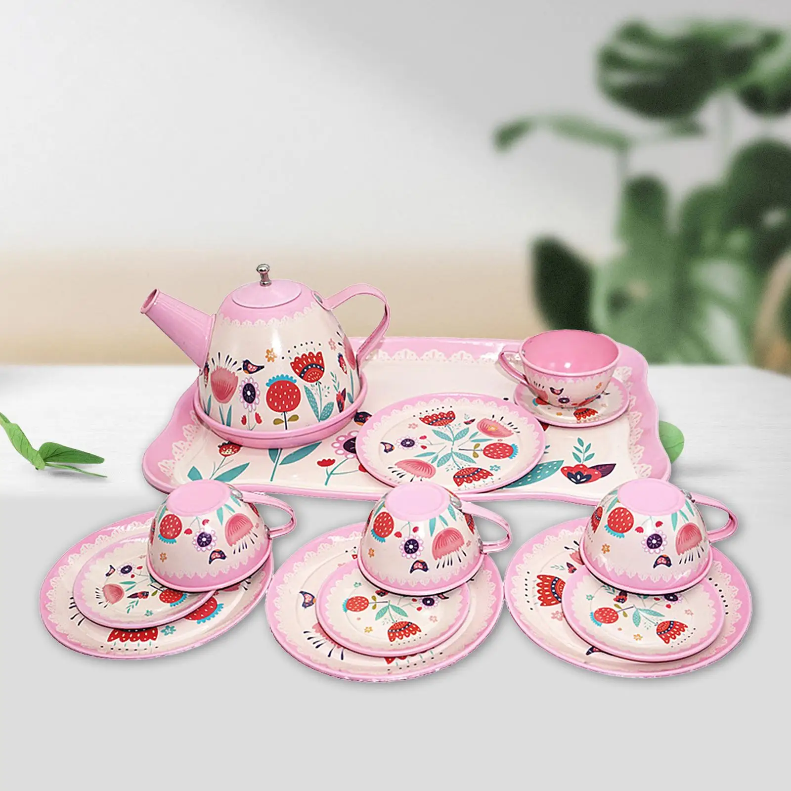 Kids Tea Set Metal Teapot Cups Dishes Afternoon Tea Playset for Age 3 4 5 6