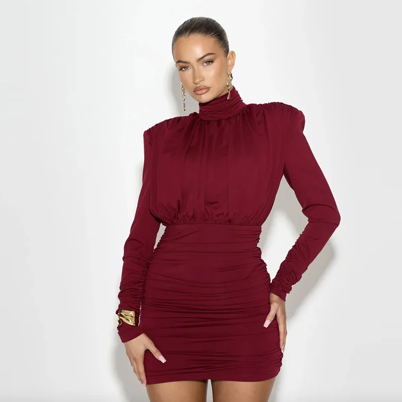 Pleated High Waist Slim Mini Dress Female Fashion Long Sleeve Patchwork Elegant Commute Dress Ladies Solid Autumn Dress