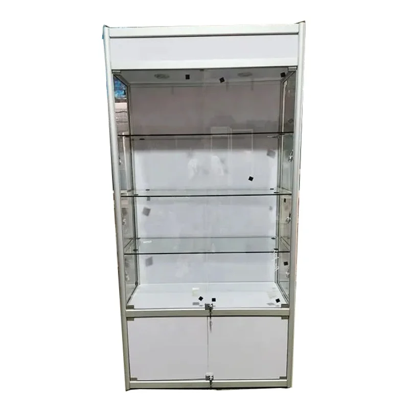 

custom.Guangzhou glass showcase lockable silver white living room display cabinet with storage