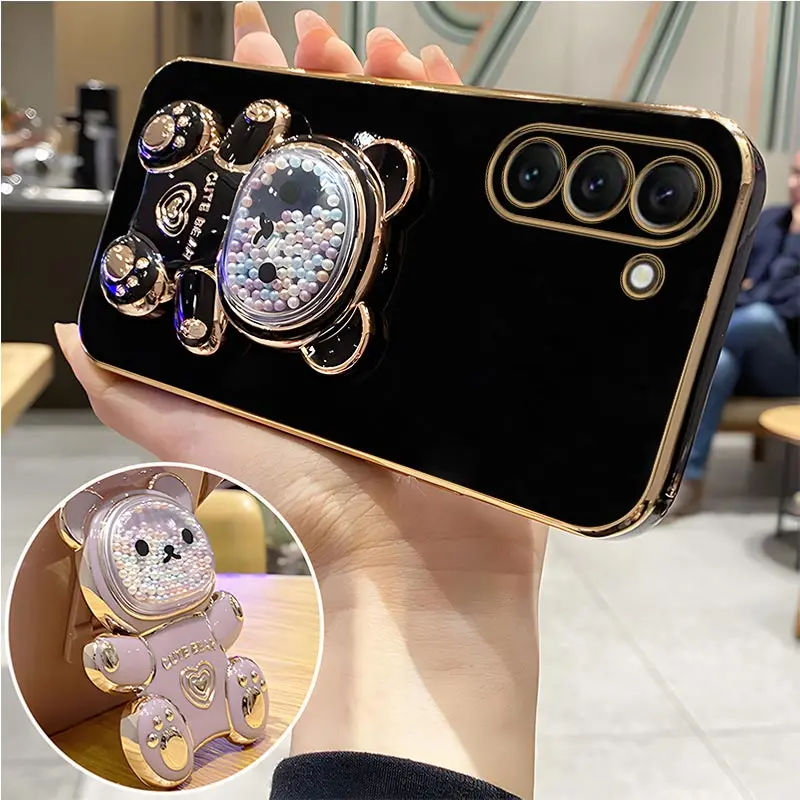 Coque de téléphone plaquée avec support d'ours mouvant, étui mignon pour Samsung Galaxy S23 S21 S20 S22 S10 Note 10 20 23 Plus Ultra S21Fe_voghion.com