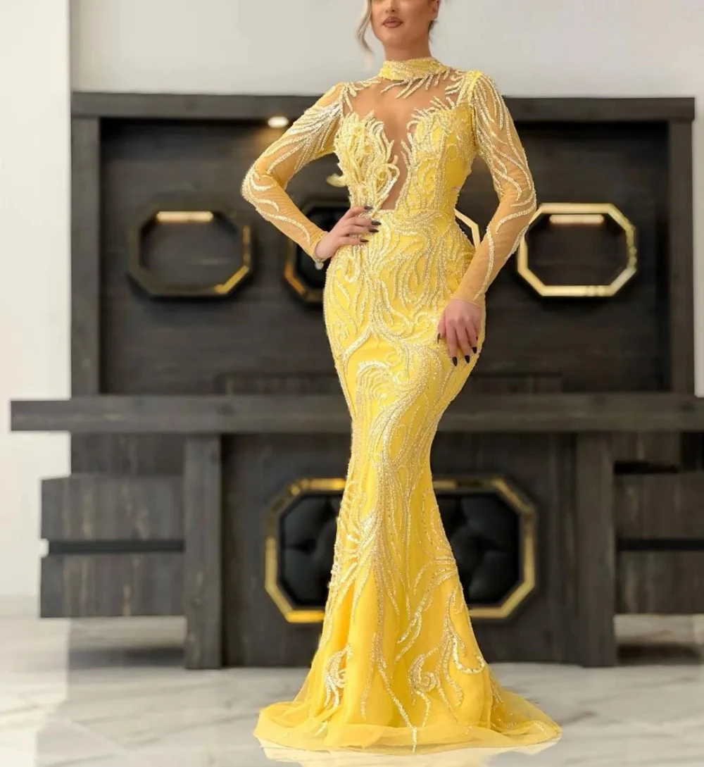 

Exquisite Mermaid Evening Dresses Long Sleeves Halter Appliques Sequins Floor Length Diamonds Beads Prom Dress Formal Gown