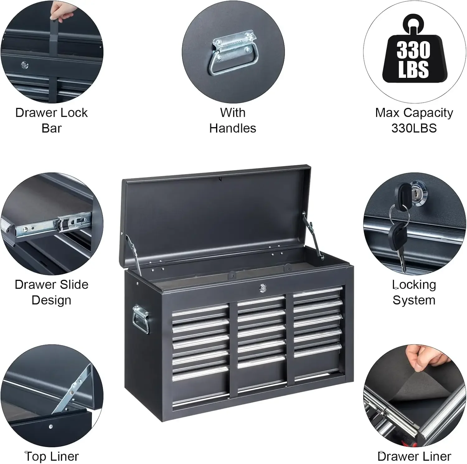 24" Portable Tool Box, 5 Drawers & Top Storage Tray Tool Box with Drawers, Lockable Metal Tool Chest Cabinet for Garage 4