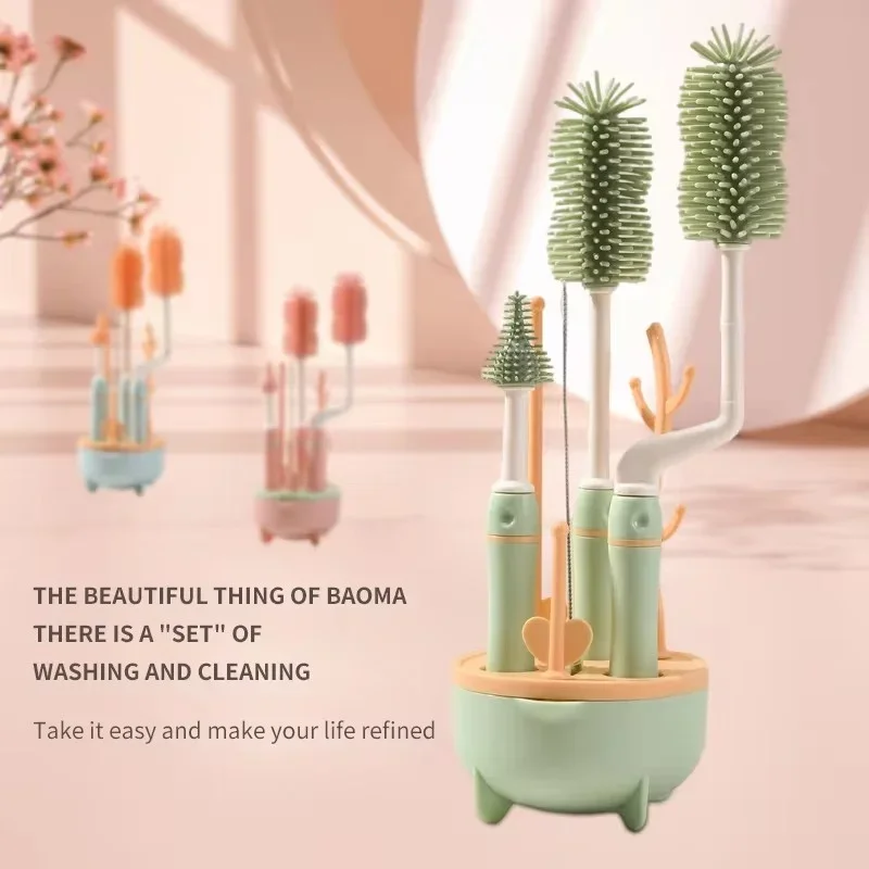 Silicone Bottle Brush for Babies 4Pcs 3 Color Long Handle Cleaning Brush Set 360 Degree Rotating Cleaning Bottle Set cleaning brush bottle cleaning brush bottle brush cleaning brush set