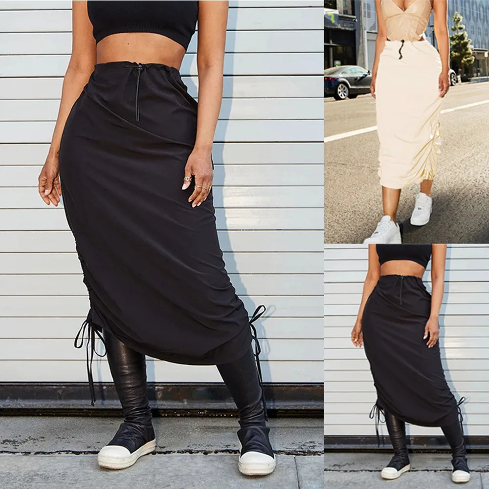 

Women'S Casual Skirt Loose Casual Black Solid Color Bag Buttock Outdoor Tassel Drawstring Pleated Skirt With Pocket Faldas
