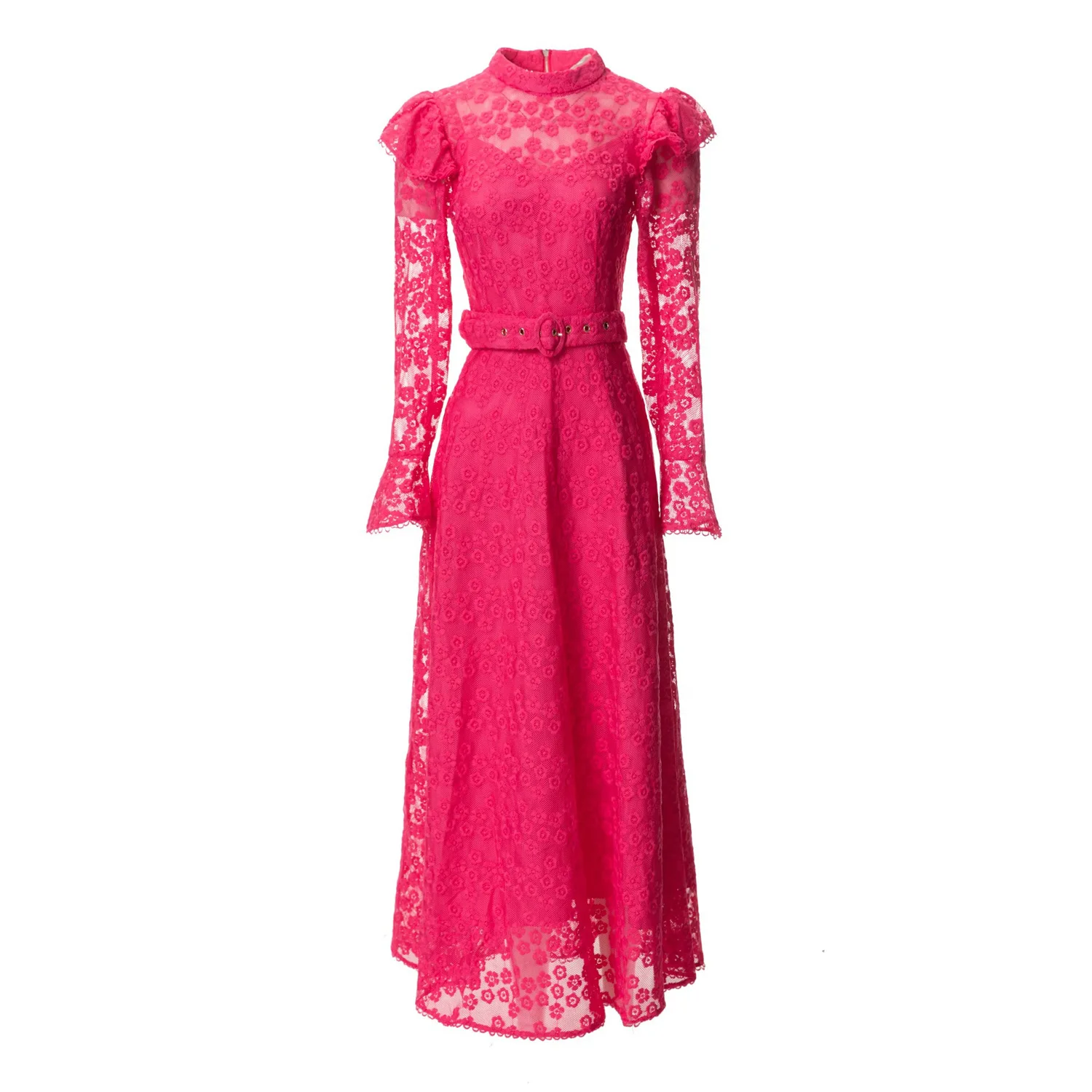 

Europe and the United States women's 2024 summer new Stand collar Long sleeve floral embroidered belt fashion Pleated dress XXL