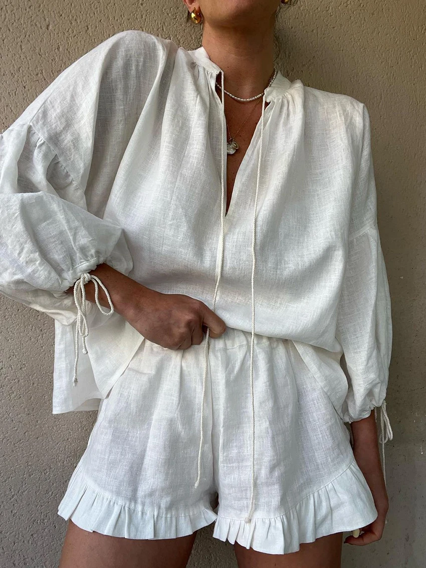 Marthaqiqi Casual Female Pajama Suit Long Sleeve Sleepwear Sexy V-Neck Nightgowns Ruffle Edge Shorts Loose Women'S Nightwear Set