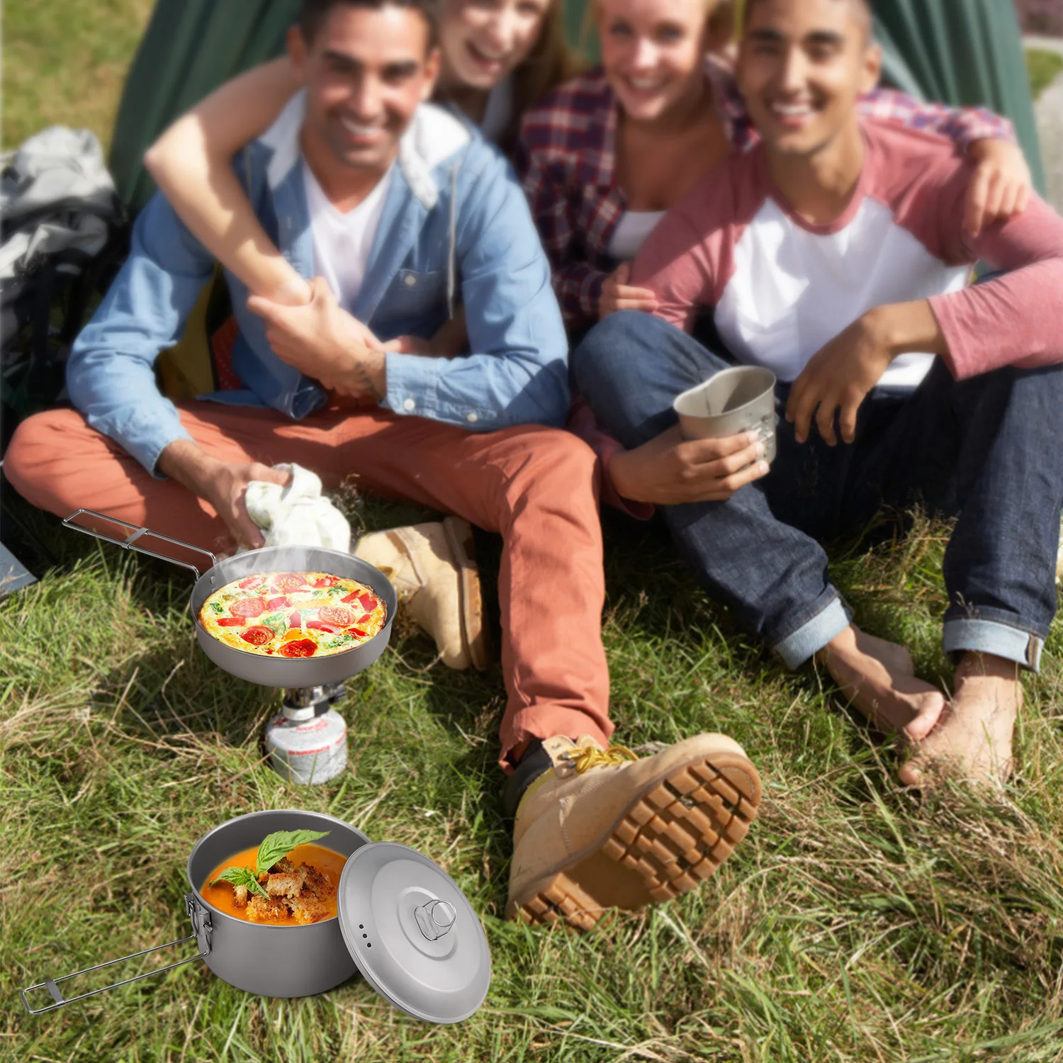Titanium Camping Cookware Set With Lid And Foldable Handles_voghion.com